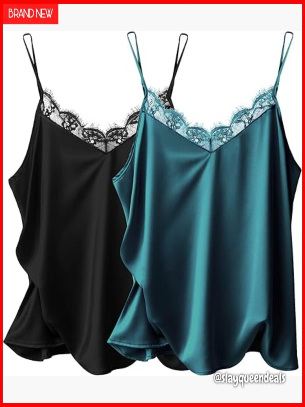 Satin Camisole Tank Top with Lace V-Neck Adjustable Spaghetti Straps Sleepwear